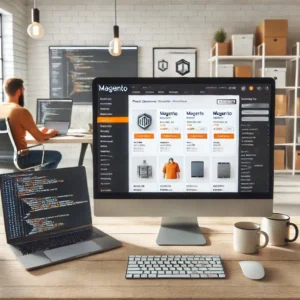DALL·E 2025-02-06 13.15.08 - A modern e-commerce website setup on a computer screen displaying the Magento platform. The screen shows the Magento backend dashboard with product li ai