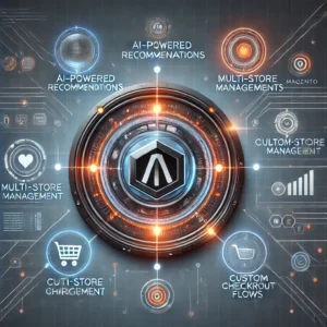 DALL·E 2025-02-06 13.44.34 - A futuristic digital illustration representing advanced Magento features. The image includes elements such as AI-powered recommendations, multi-store Advanced Magento Features