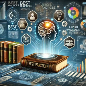 DALL·E 2025-02-06 13.55.50 - A modern digital illustration representing best practices and resources. The image features a futuristic workspace with books, digital screens display Best Practices and Resources